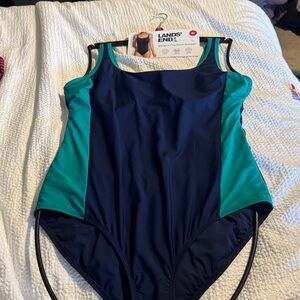 Lands' End Women's Navy and Teal One-Piece Swimsuit